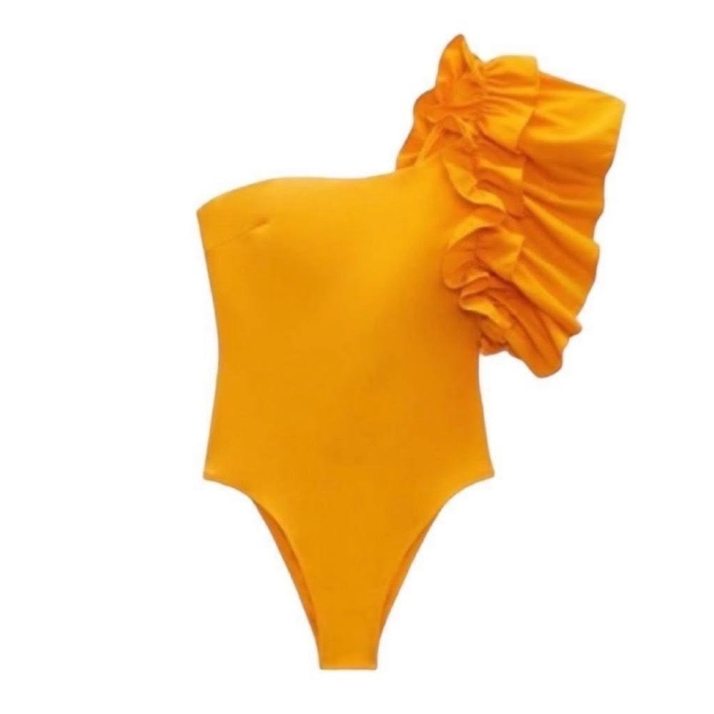 Zara Burnt Yellow One Shoulder Ruffle Swimsuit NEW WITH TAGS size Large